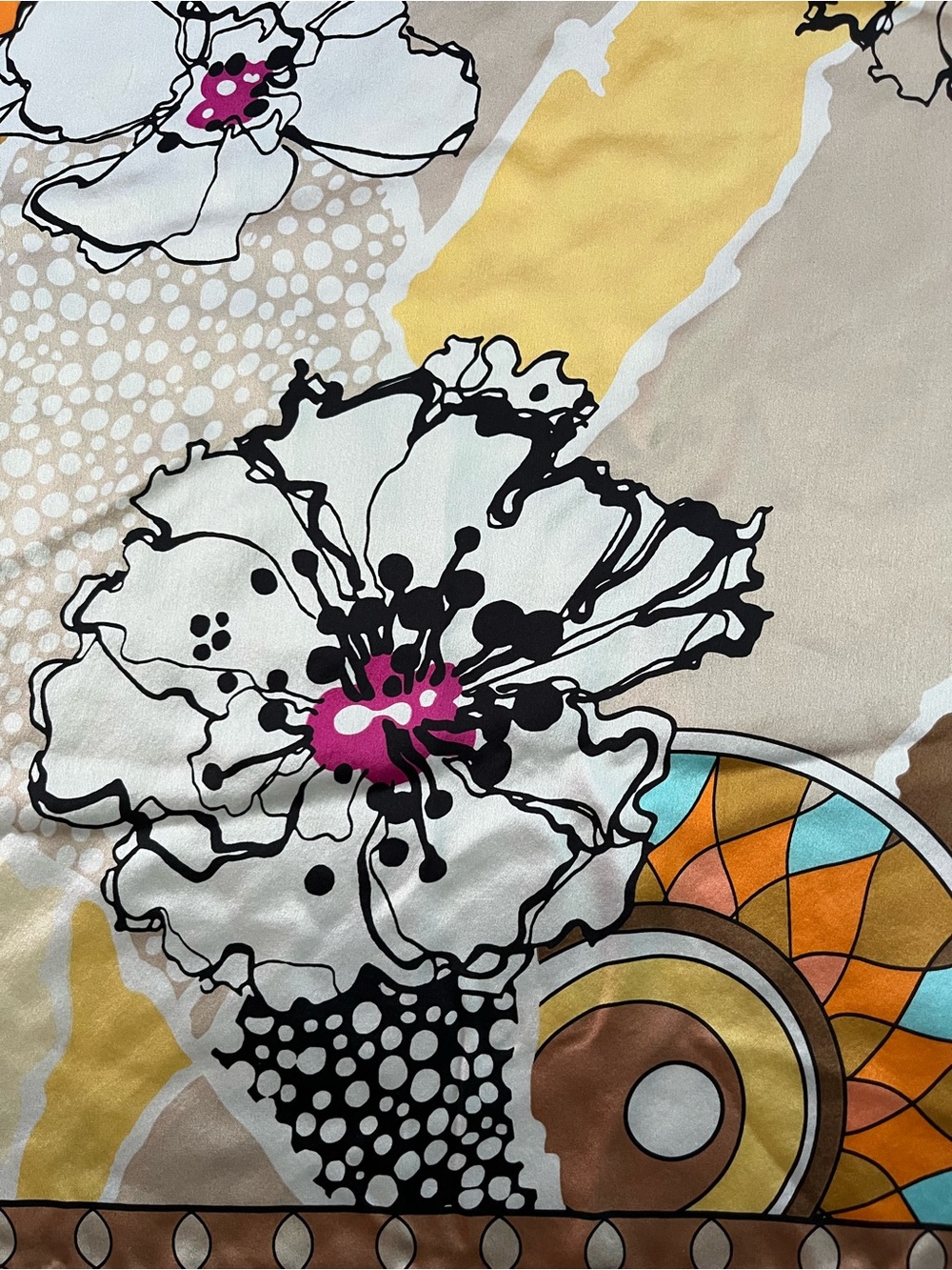 Luxury 100% Silk Square Scarf Floral Geometric Mixed Print Tan Yellow - Picture 6 of 7